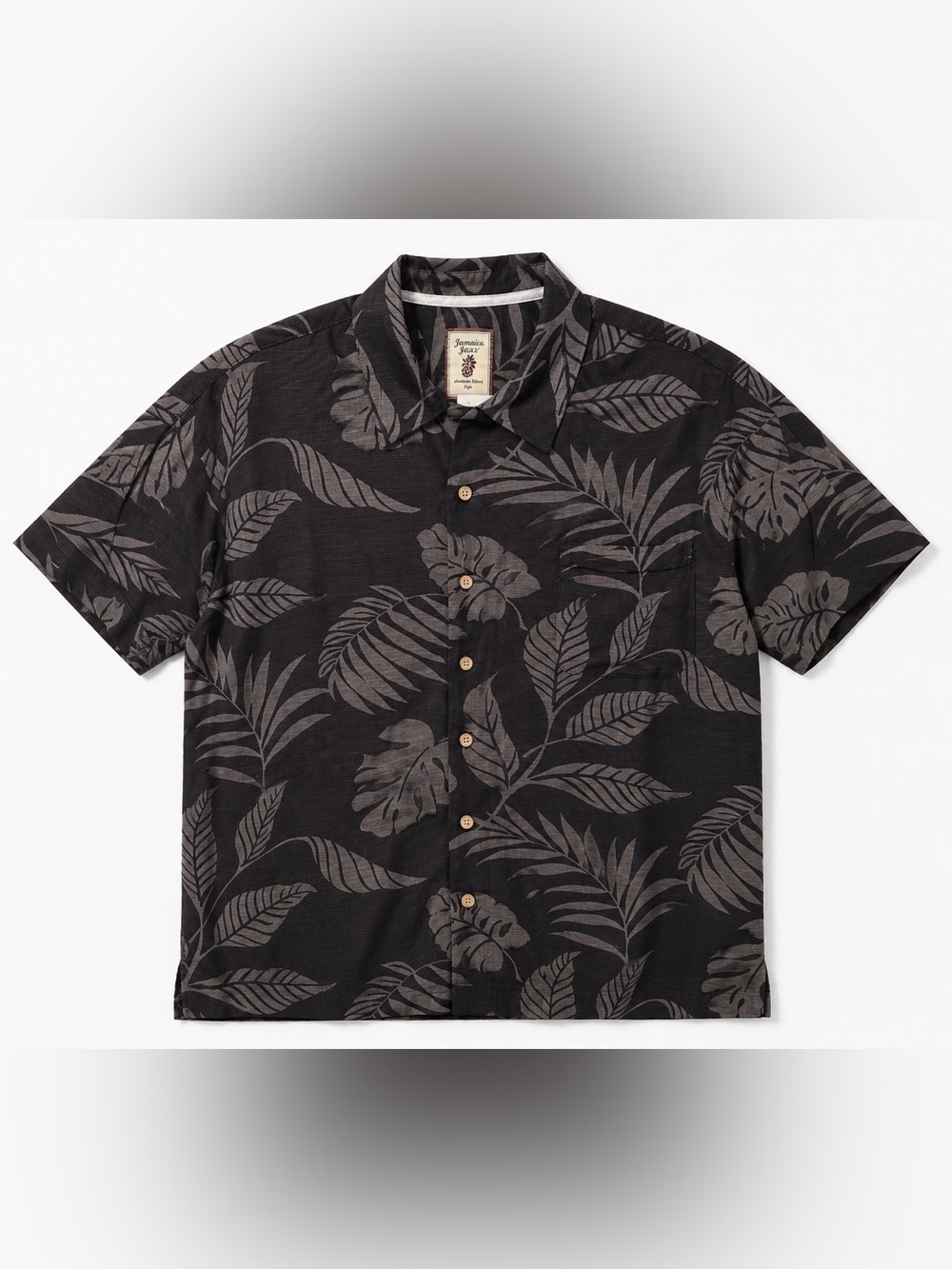 Jamaica Jaxx Silk Short Sleeve Tropical Leaf Black Button-Down Shirt - Large